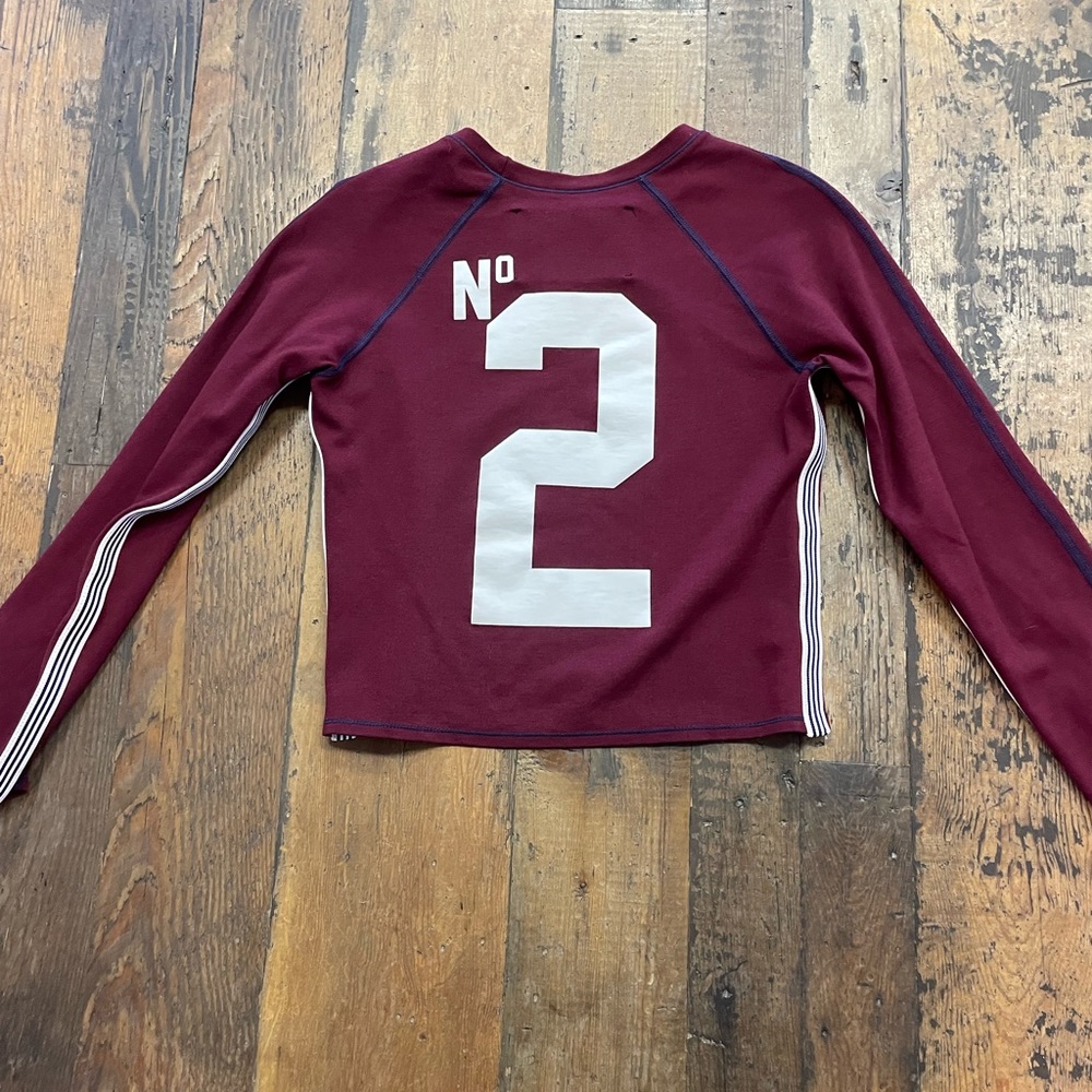 144. Parts + Labor Femme Sauvage Large Maroon/blue long sleeve crop shirt - Picture 2 of 8